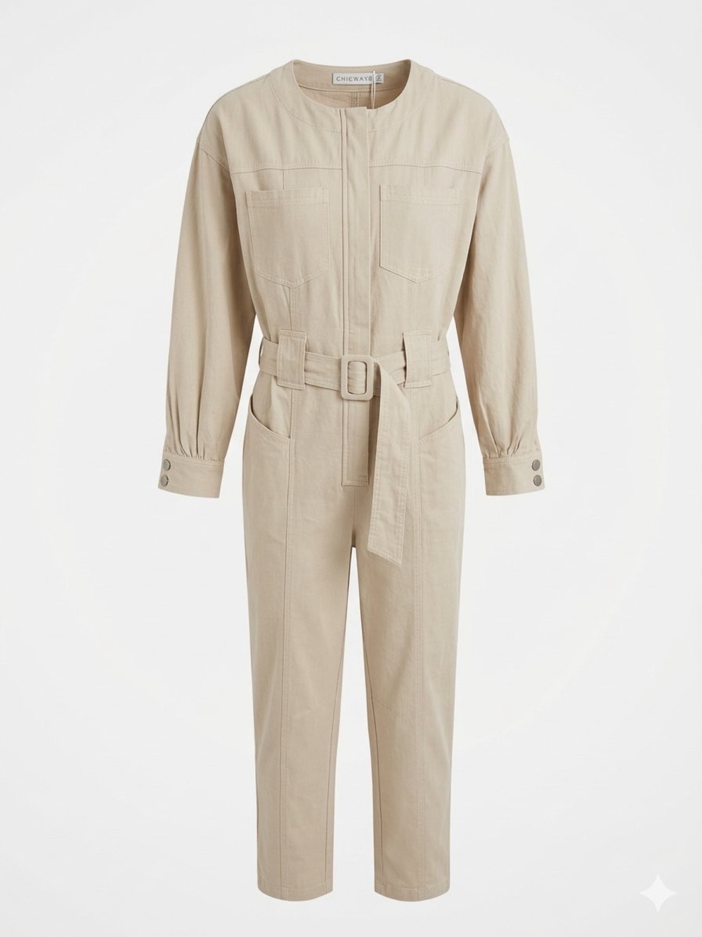 CHICWAYS / Beige Belted Utility Jumpsuit/ light taupe / NWT / S / 17”-ptp
